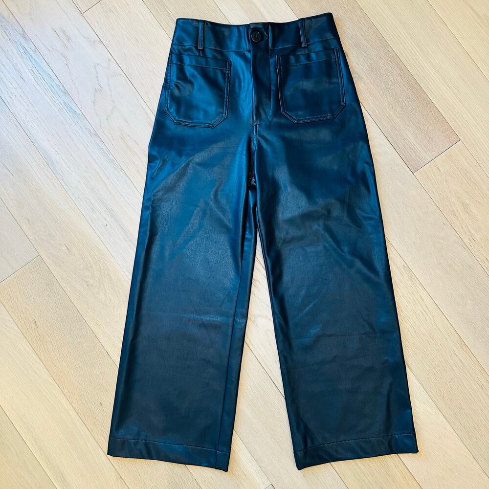 Anthropologie Maeve Colette Black Vegan Leather Wide‑Leg Crop Pants – Sz 28 NWT - Picture 4 of 11